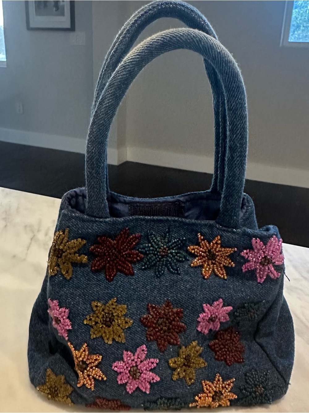 Vintage Y2K Dk Blue Denim Beaded Floral Mini Handbag Statement Purse Boho Artsy